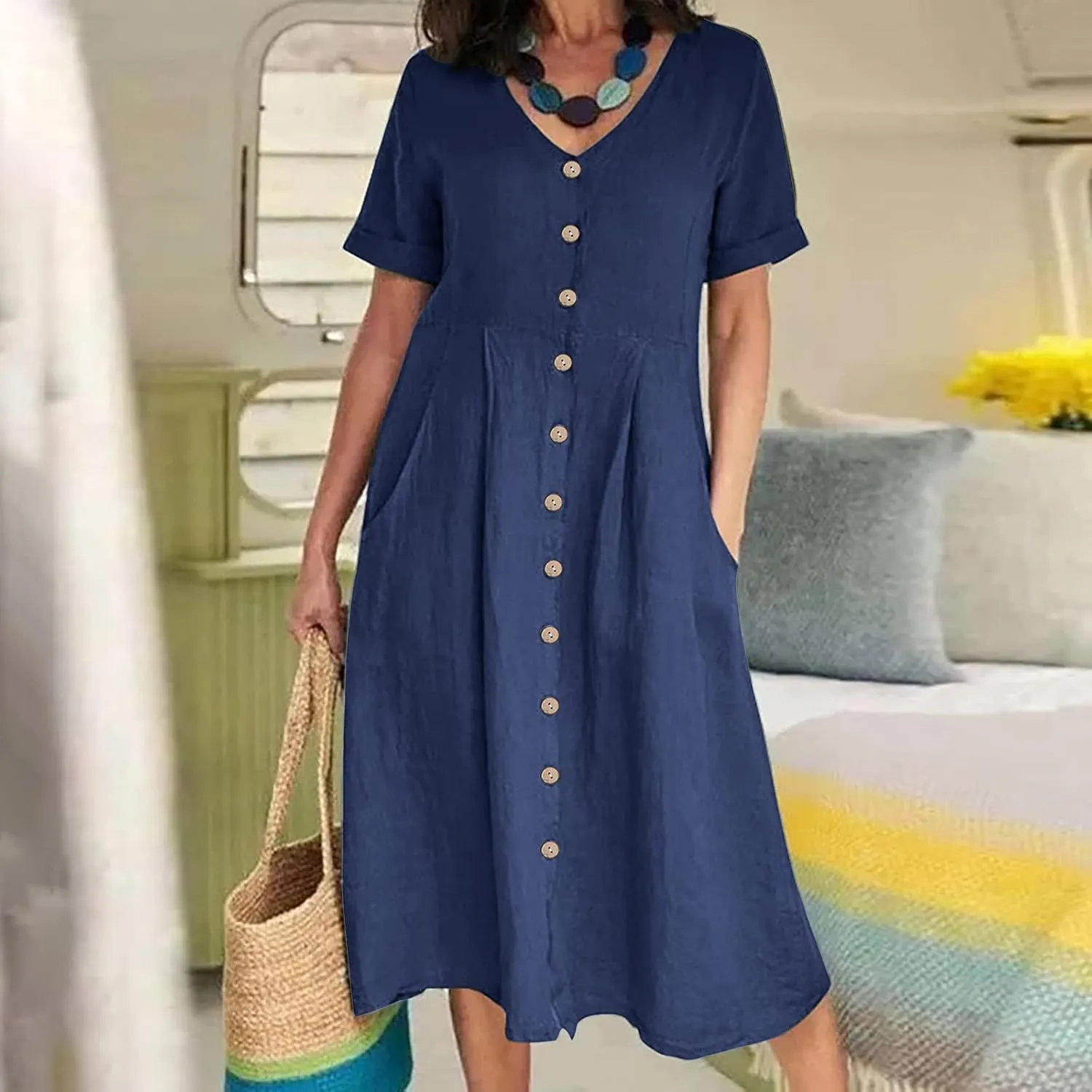 Summer Dresses for Women 2025 Casual Plus Size Short Sleeve V Neck Midi Dresses Spring Beach Vacation Outfits