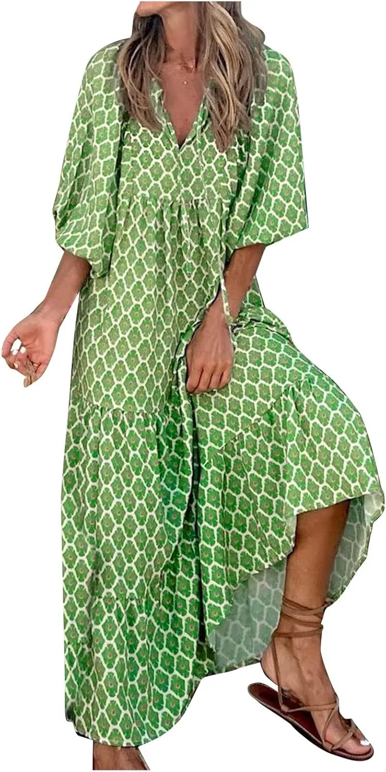 Summer Dresses for Women 2025 Half Sleeve V Neck Boho Geometry Flowy Casual Swing Long Losse Dress