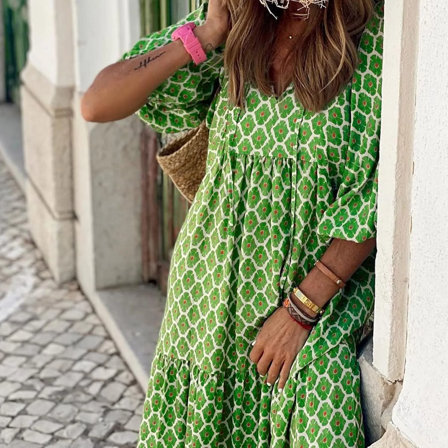 Summer Dresses for Women 2025 Half Sleeve V Neck Boho Geometry Flowy Casual Swing Long Losse Dress
