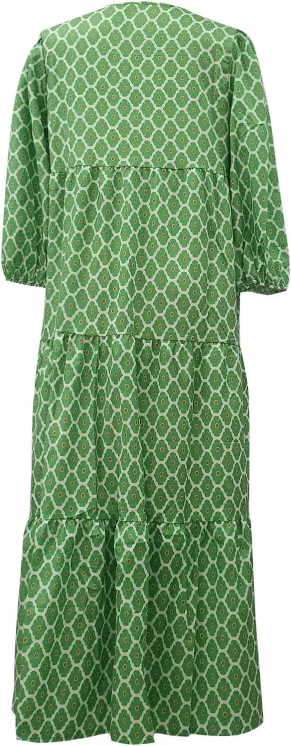 Summer Dresses for Women 2025 Half Sleeve V Neck Boho Geometry Flowy Casual Swing Long Losse Dress