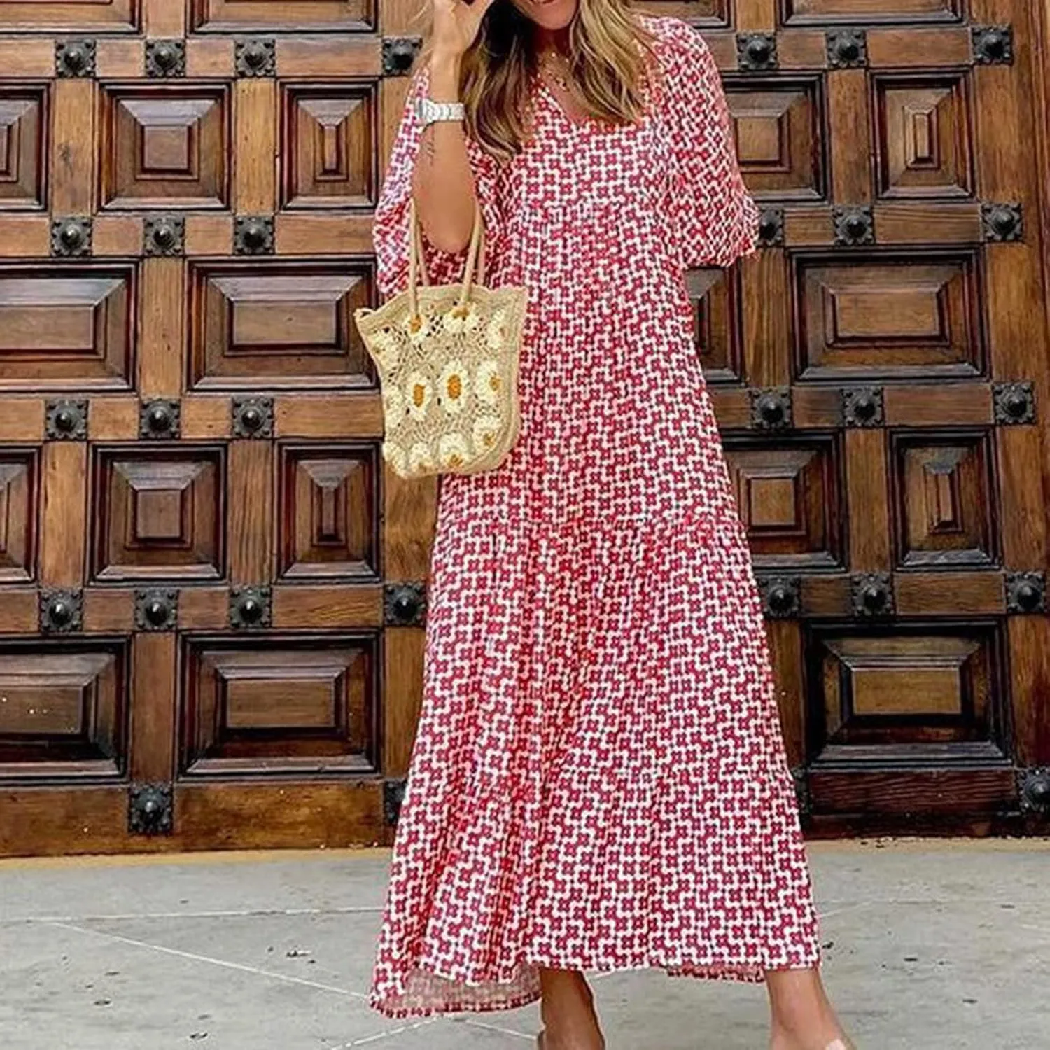 Summer Dresses for Women 2025 Half Sleeve V Neck Boho Geometry Flowy Casual Swing Long Losse Dress