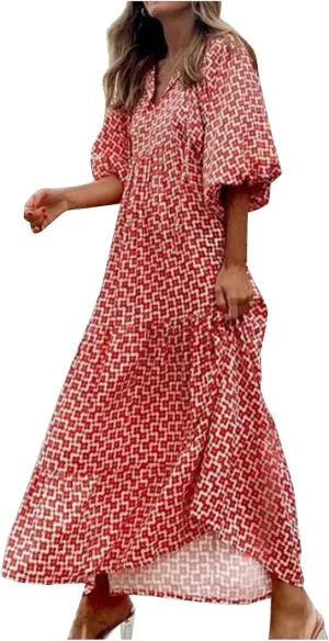 Summer Dresses for Women 2025 Half Sleeve V Neck Boho Geometry Flowy Casual Swing Long Losse Dress