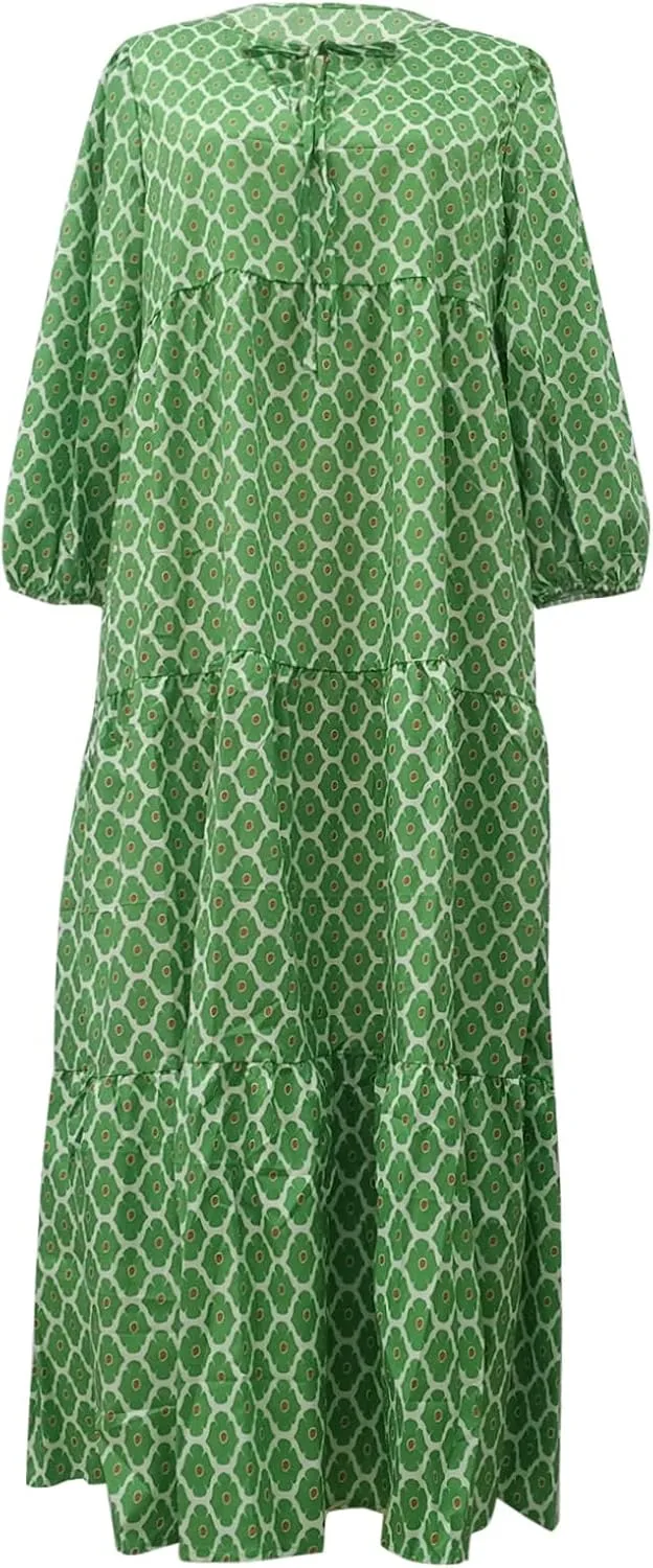 Summer Dresses for Women 2025 Half Sleeve V Neck Boho Geometry Flowy Casual Swing Long Losse Dress