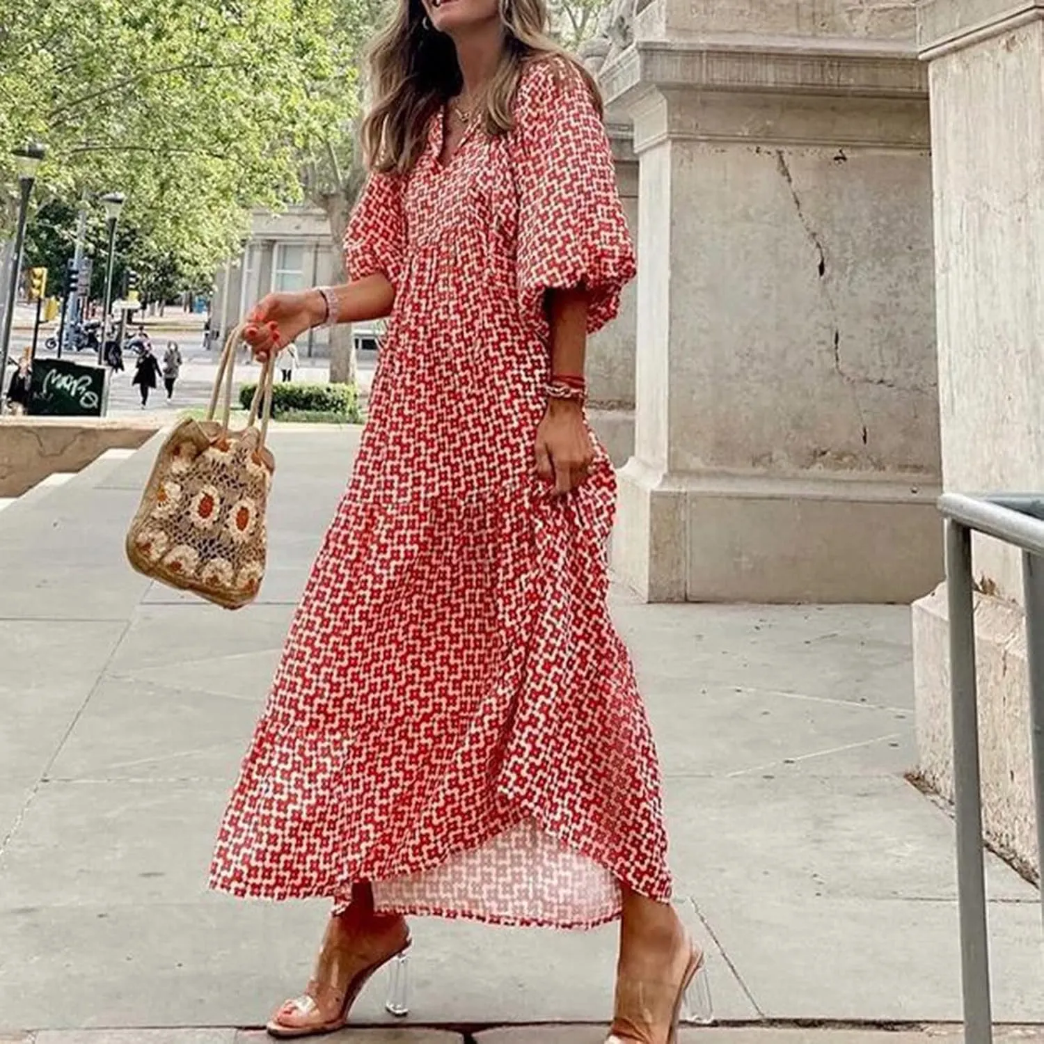 Summer Dresses for Women 2025 Half Sleeve V Neck Boho Geometry Flowy Casual Swing Long Losse Dress