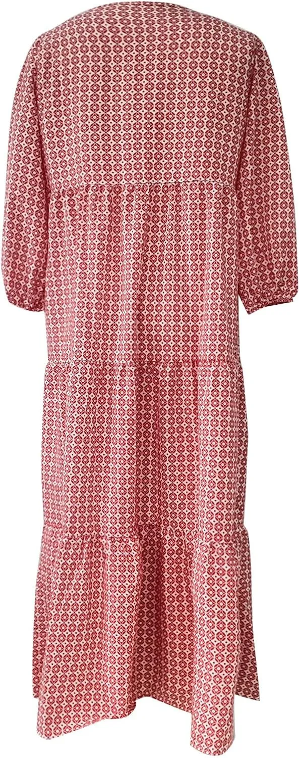 Summer Dresses for Women 2025 Half Sleeve V Neck Boho Geometry Flowy Casual Swing Long Losse Dress