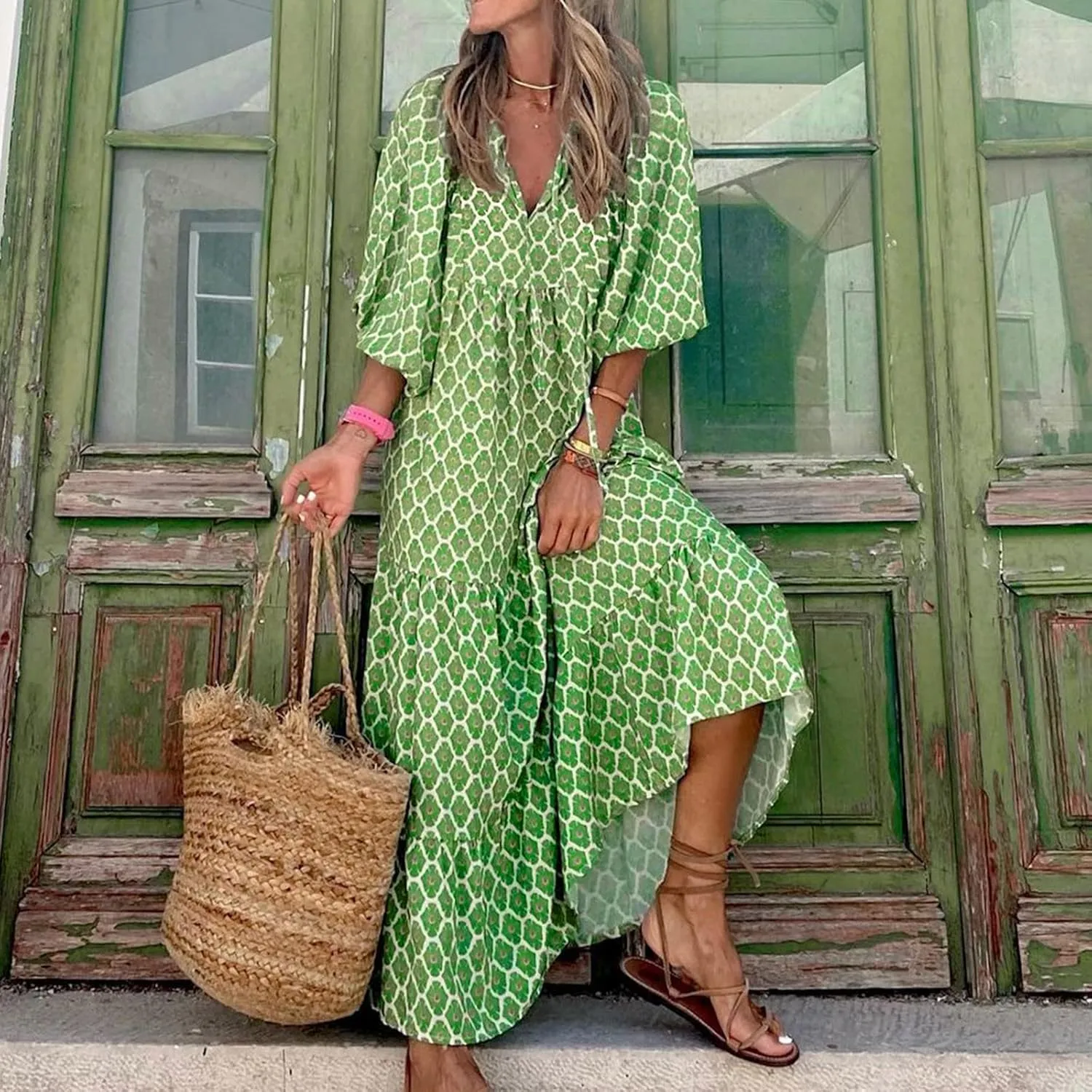 Summer Dresses for Women 2025 Half Sleeve V Neck Boho Geometry Flowy Casual Swing Long Losse Dress