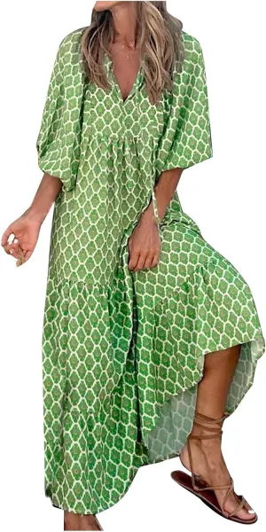 Summer Dresses for Women 2025 Half Sleeve V Neck Boho Geometry Flowy Casual Swing Long Losse Dress