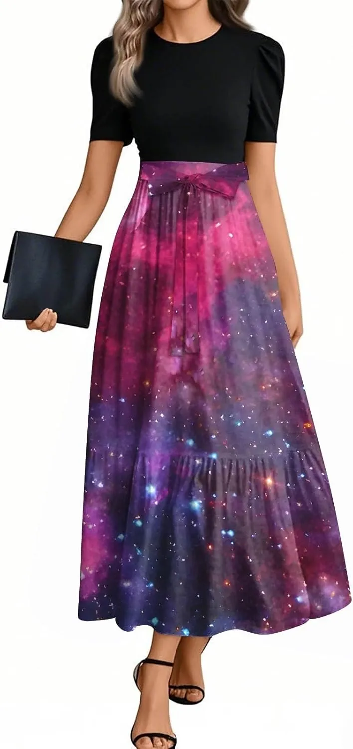 Summer Dresses for Women 2025 Midi Short Sleeve Round Neck Dresses Elegant Pleated A Line Dress