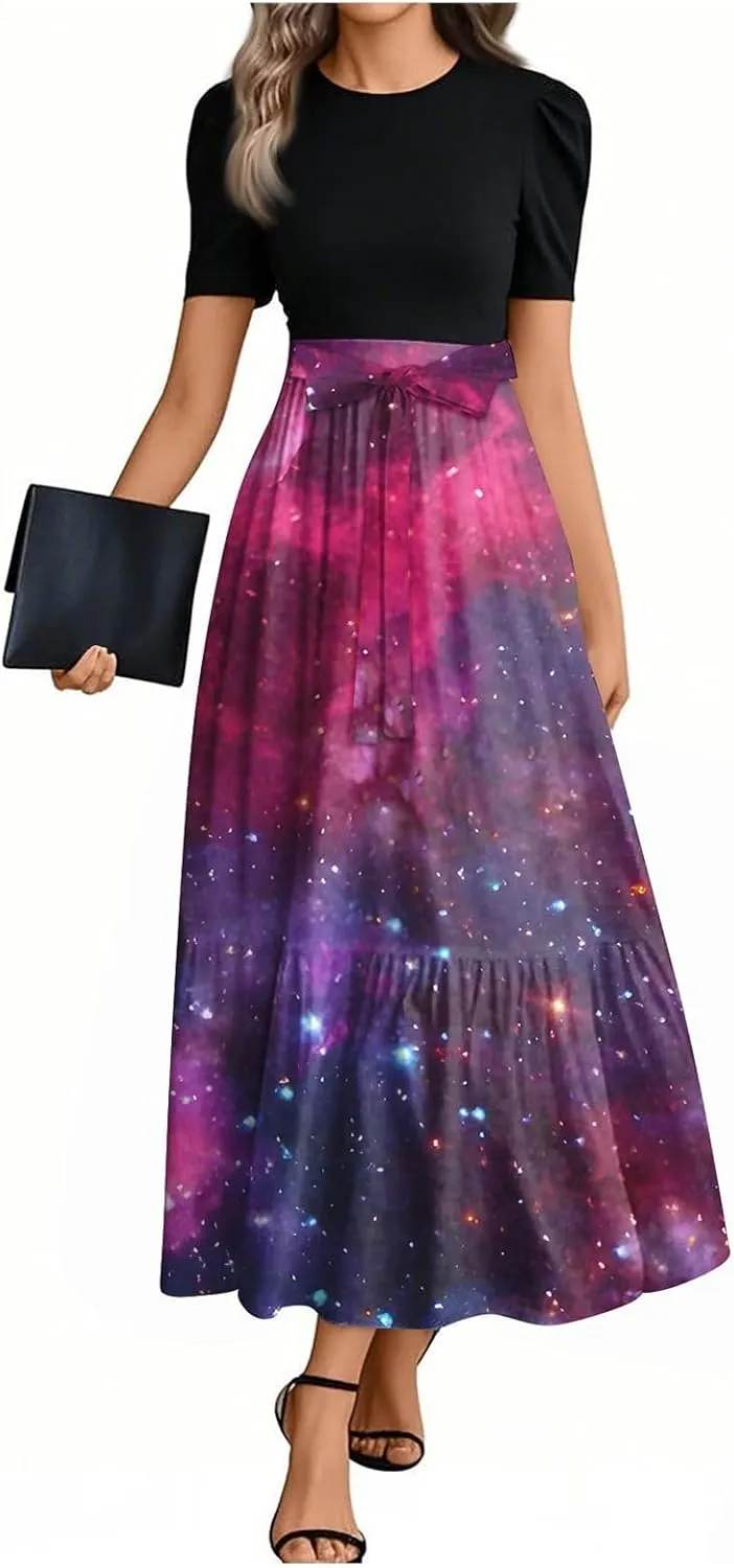 Summer Dresses for Women 2025 Midi Short Sleeve Round Neck Dresses Elegant Pleated A Line Dress