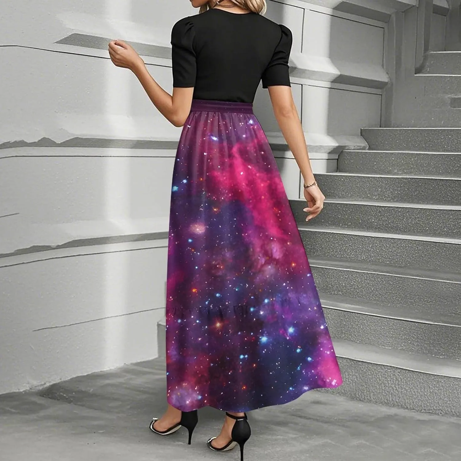 Summer Dresses for Women 2025 Midi Short Sleeve Round Neck Dresses Elegant Pleated A Line Dress