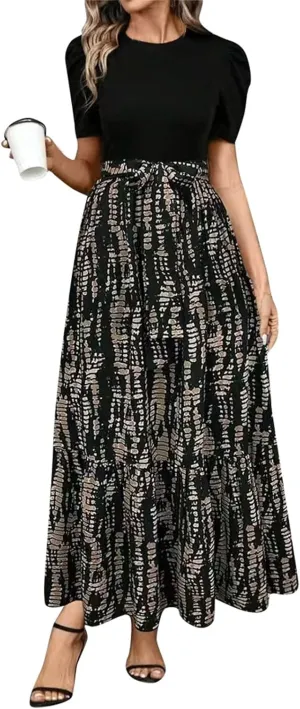 Summer Dresses for Women 2025 Puff Sleeve Empire Waist Flower Maxi Dress Elegant Tiered Long Dressy A Line Dress