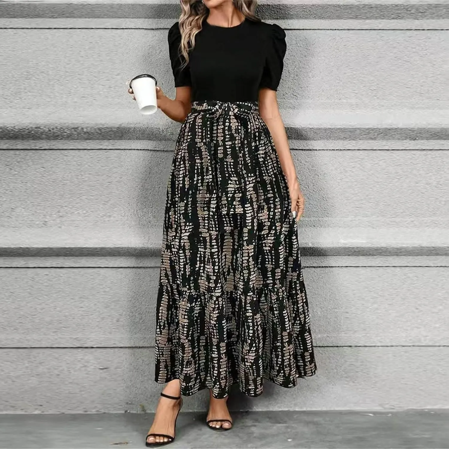 Summer Dresses for Women 2025 Puff Sleeve Empire Waist Flower Maxi Dress Elegant Tiered Long Dressy A Line Dress