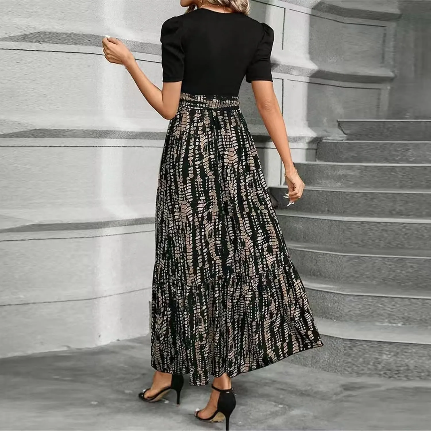 Summer Dresses for Women 2025 Puff Sleeve Empire Waist Flower Maxi Dress Elegant Tiered Long Dressy A Line Dress