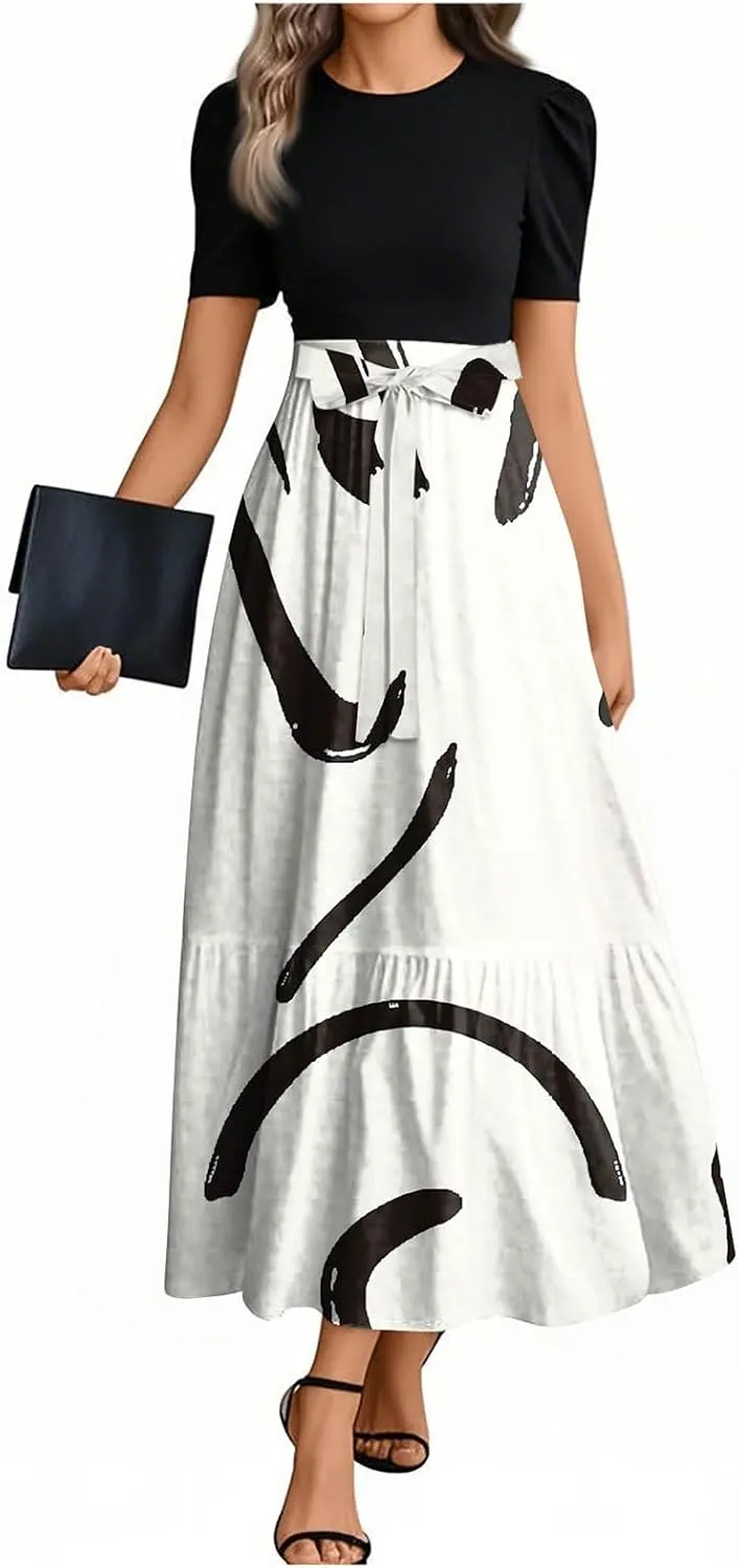 Summer Dresses for Women 2025 Short Sleeve Floral Long Dress Elegant Party Cocktail A Line Flowy Maxi Dress