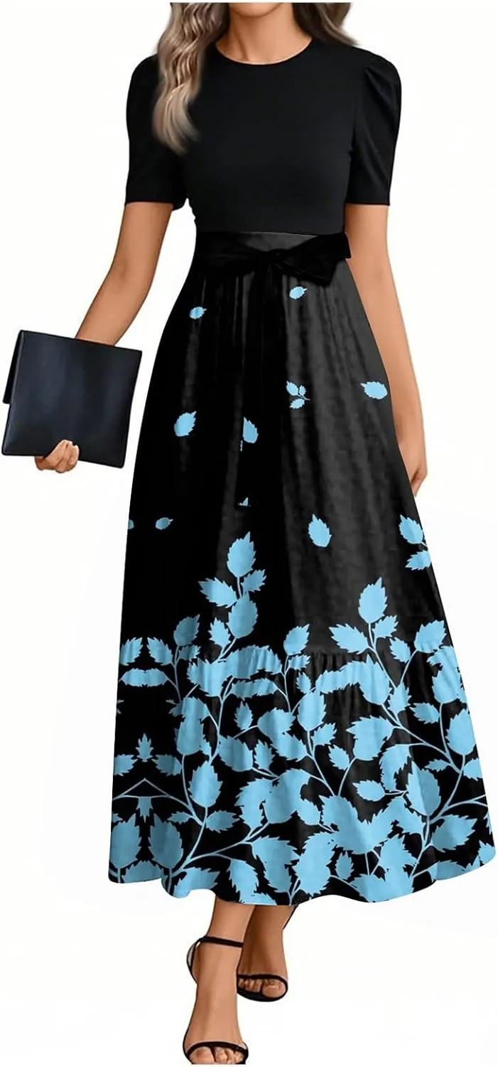 Summer Dresses for Women 2025 Short Sleeve Flowy Maxi Dress Casual Patchwork A Line Elegant Sundresses