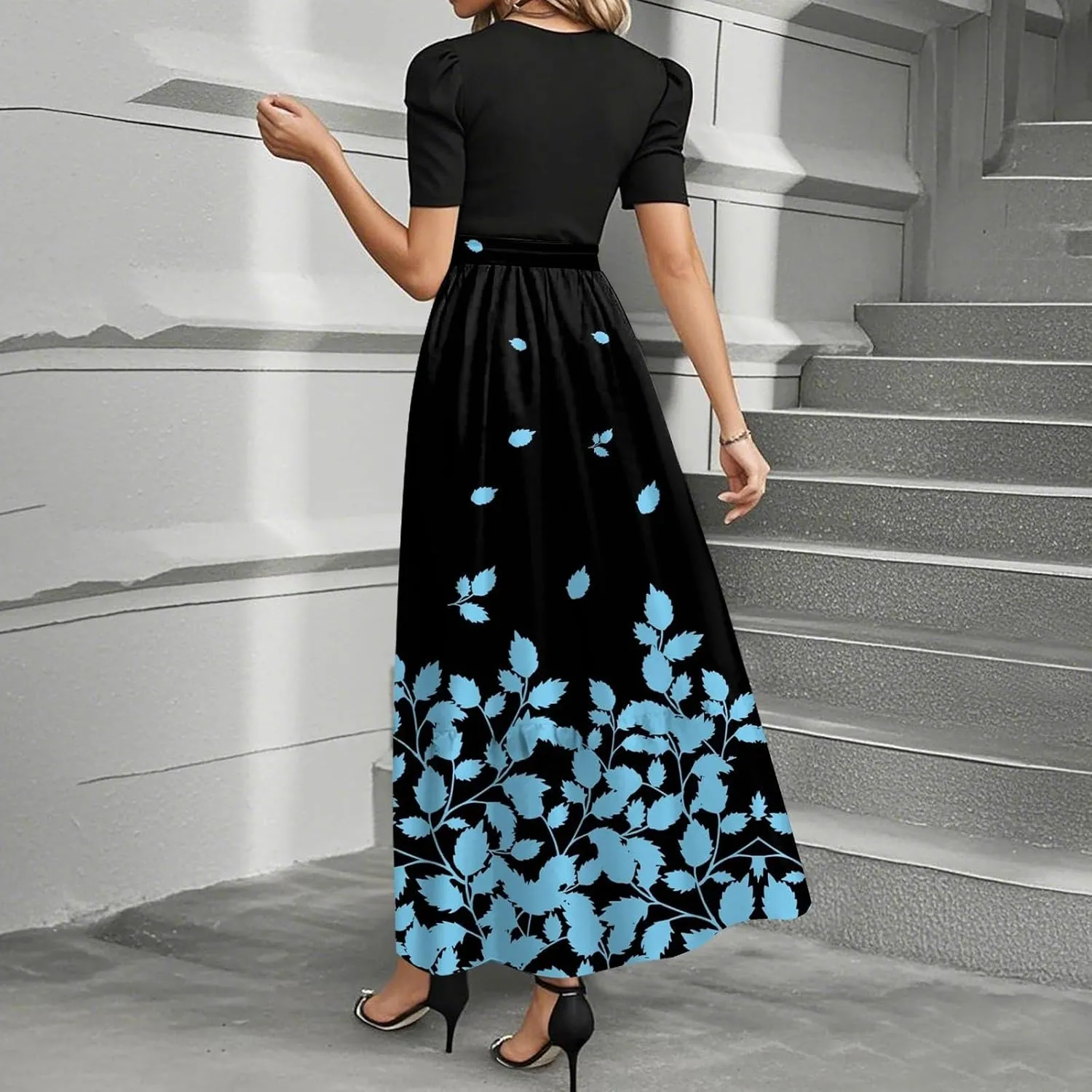 Summer Dresses for Women 2025 Short Sleeve Flowy Maxi Dress Casual Patchwork A Line Elegant Sundresses