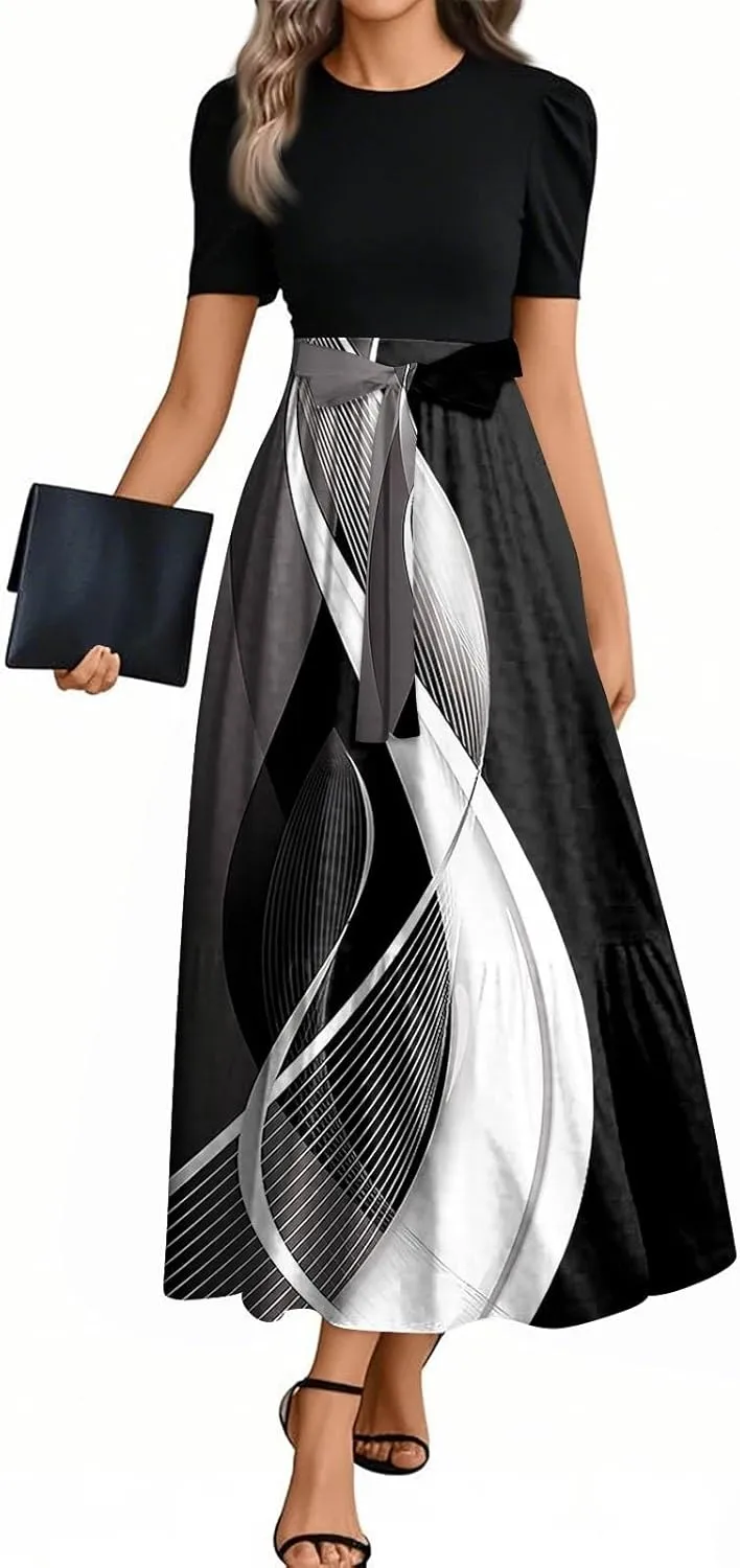 Summer Dresses for Women 2025 Short Sleeve Flowy Maxi Dress Casual Patchwork A Line Elegant Sundresses