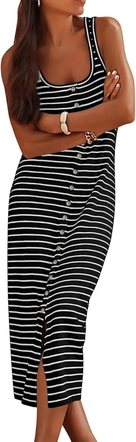 Summer Dresses for Women 2025 Striped Sleeveless U Neck Button Down Maxi Dress Slim Fit Split Sundress