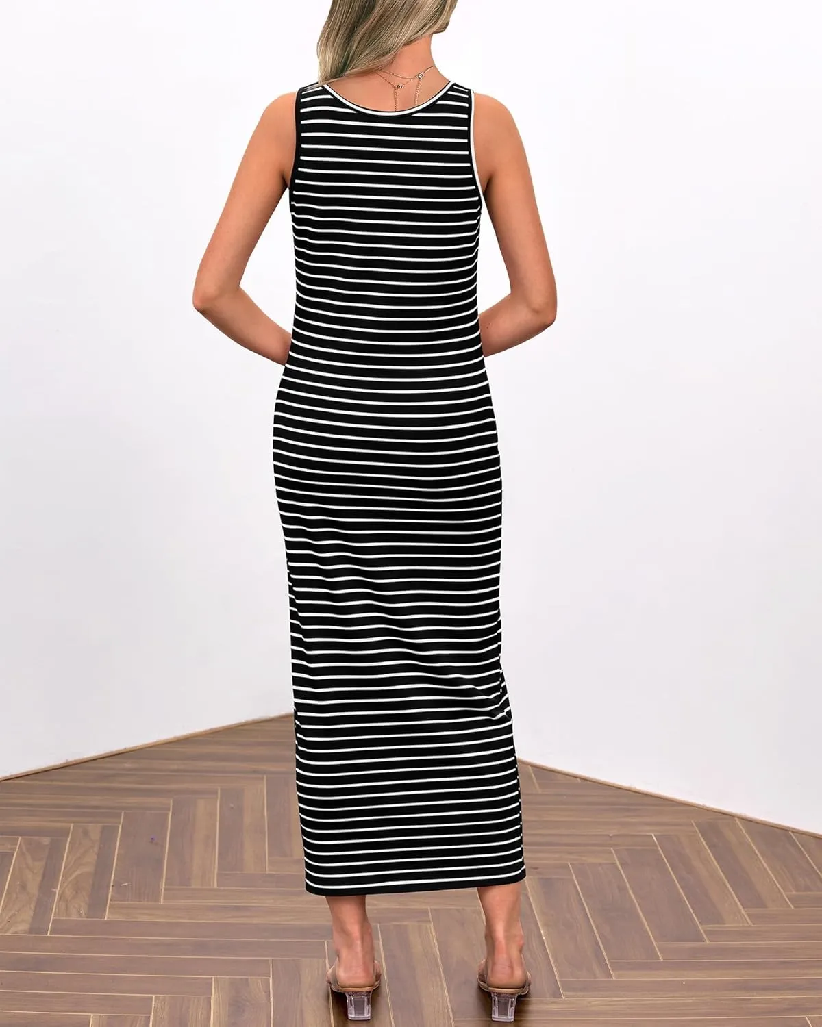 Summer Dresses for Women 2025 Striped Sleeveless U Neck Button Down Maxi Dress Slim Fit Split Sundress