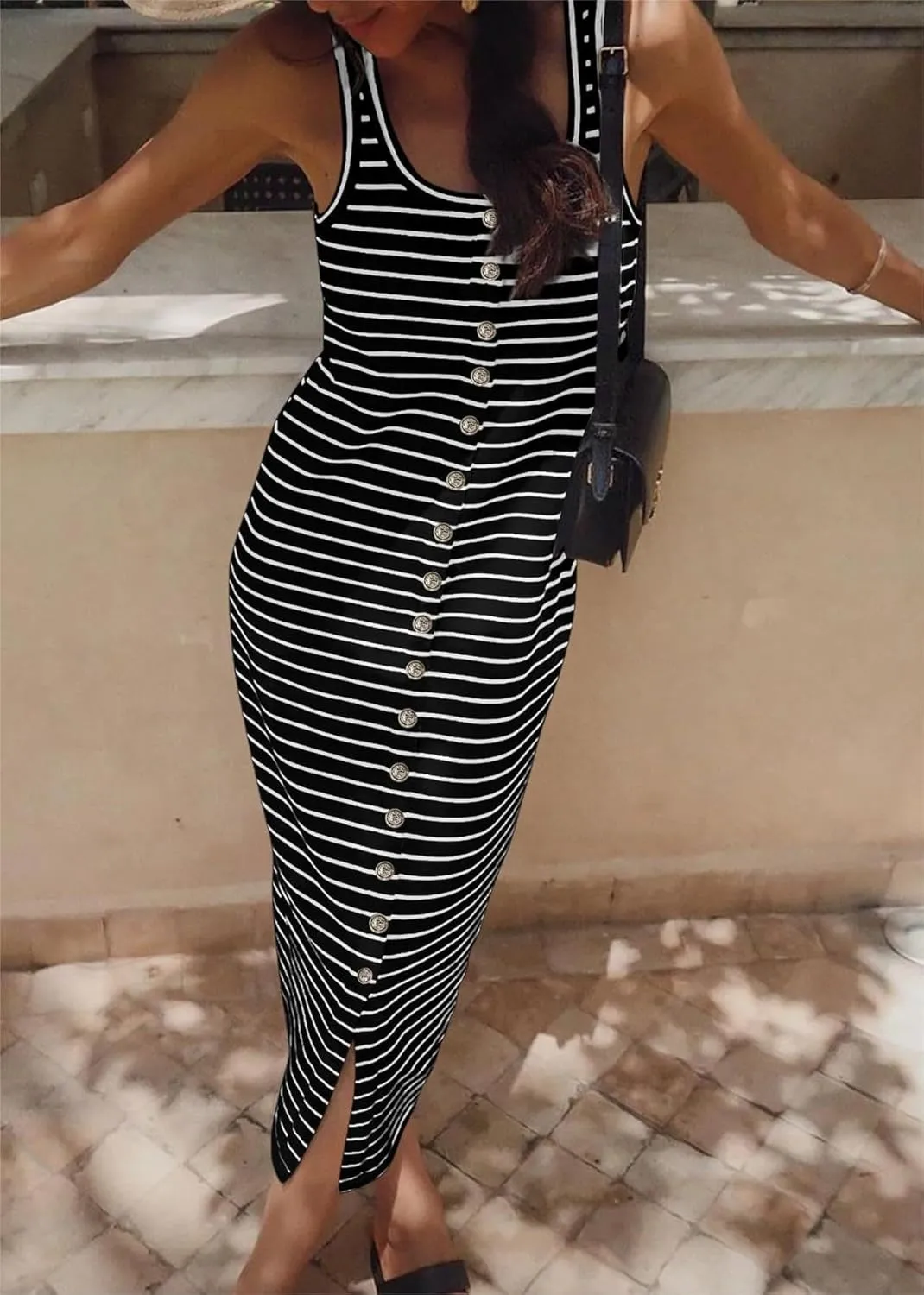 Summer Dresses for Women 2025 Striped Sleeveless U Neck Button Down Maxi Dress Slim Fit Split Sundress