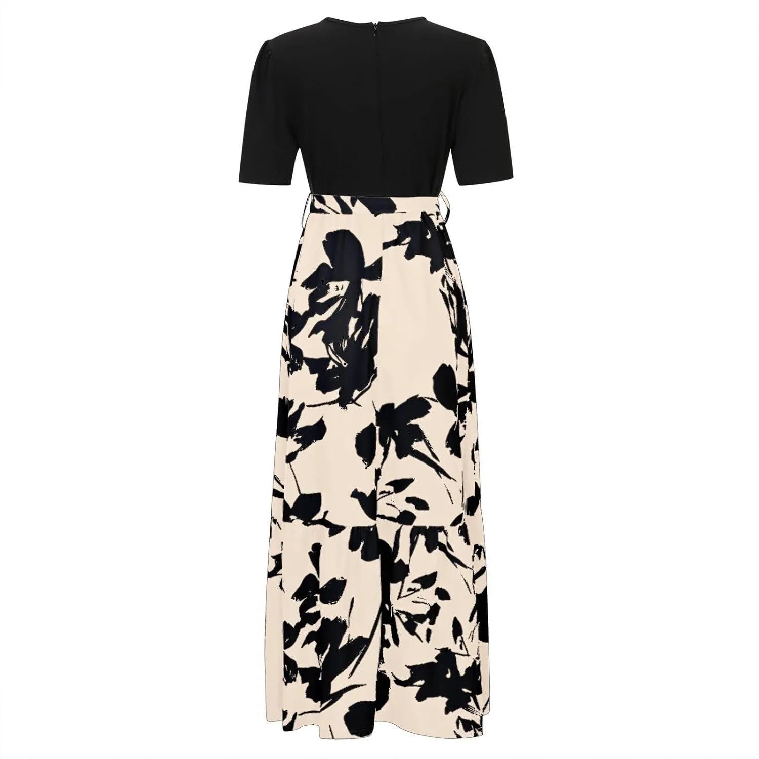 Summer Dresses for Women 2025 Tie Belted Patchwork Ruffle Hem a Line Boho Maxi Dress Crewneck Short Sleeve Long Dress