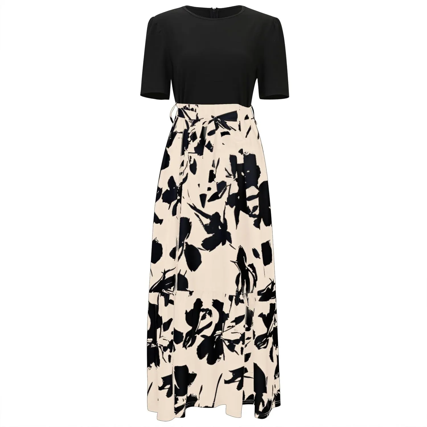 Summer Dresses for Women 2025 Tie Belted Patchwork Ruffle Hem a Line Boho Maxi Dress Crewneck Short Sleeve Long Dress