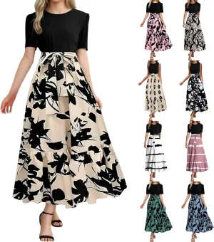 Summer Dresses for Women 2025 Tie Belted Patchwork Ruffle Hem a Line Boho Maxi Dress Crewneck Short Sleeve Long Dress
