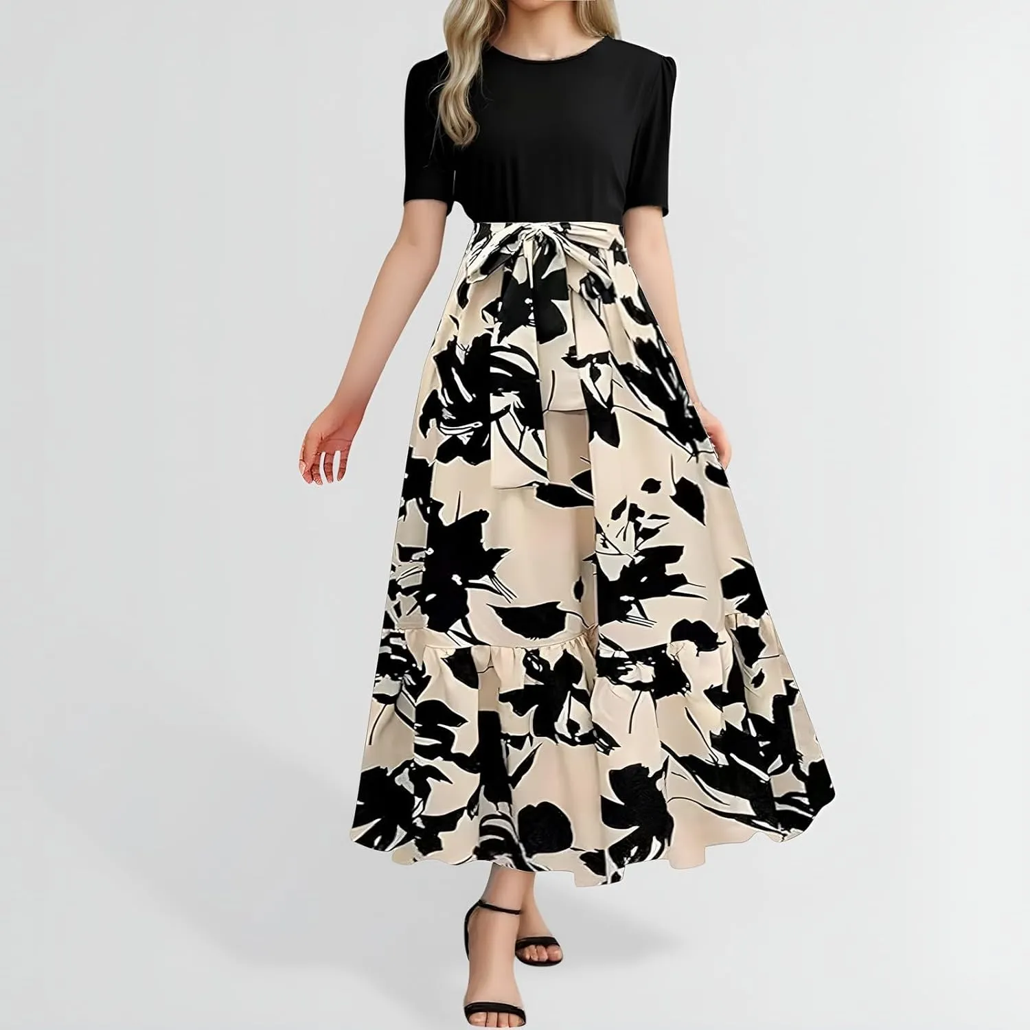 Summer Dresses for Women 2025 Tie Belted Patchwork Ruffle Hem a Line Boho Maxi Dress Crewneck Short Sleeve Long Dress