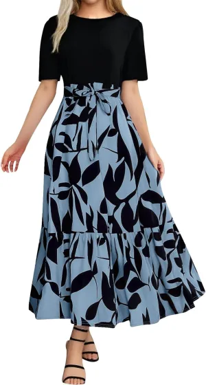 Summer Dresses for Women 2025 Tie Belted Patchwork Ruffle Hem A Line Boho Maxi Dress Short Sleeve Crewneck Long Dress