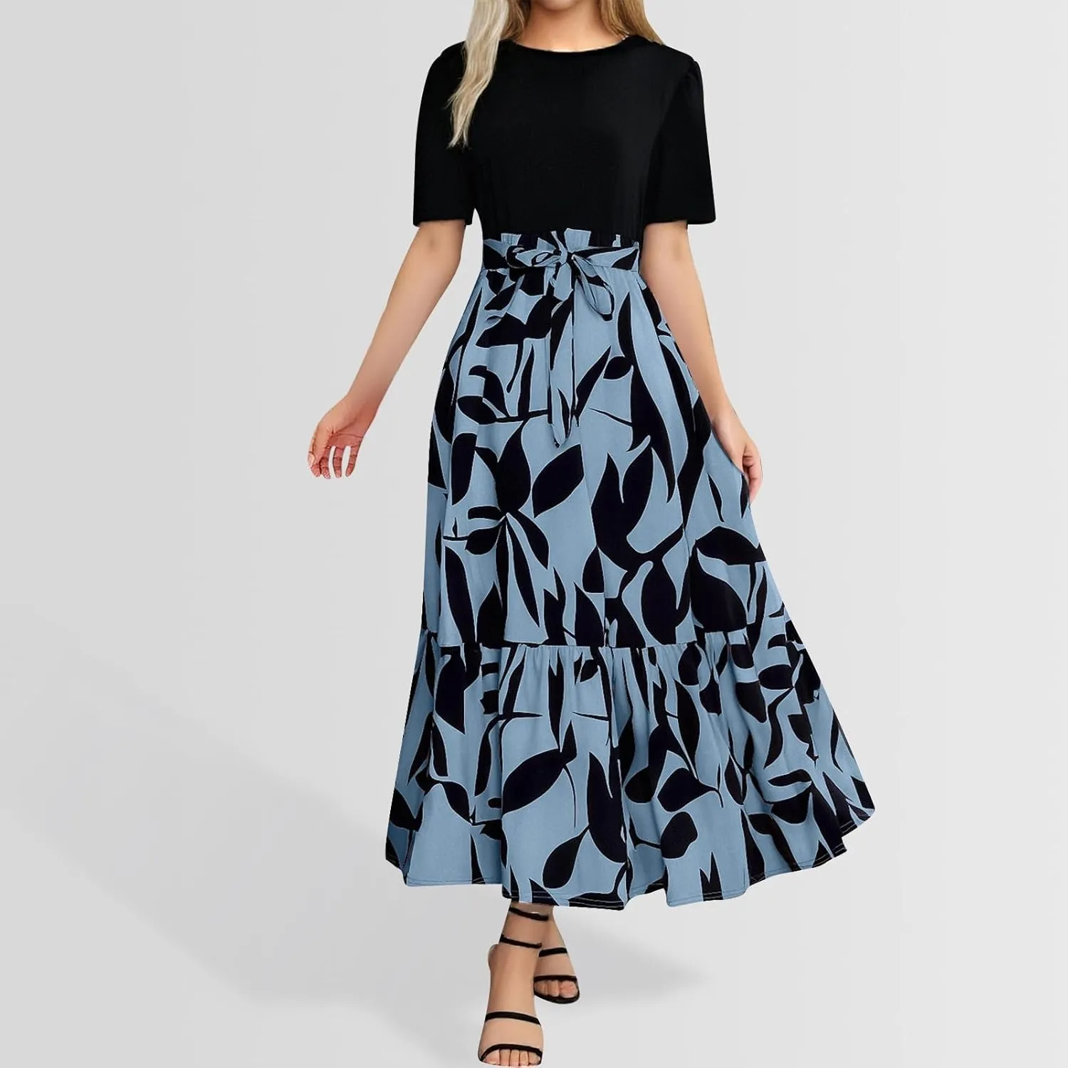 Summer Dresses for Women 2025 Tie Belted Patchwork Ruffle Hem A Line Boho Maxi Dress Short Sleeve Crewneck Long Dress
