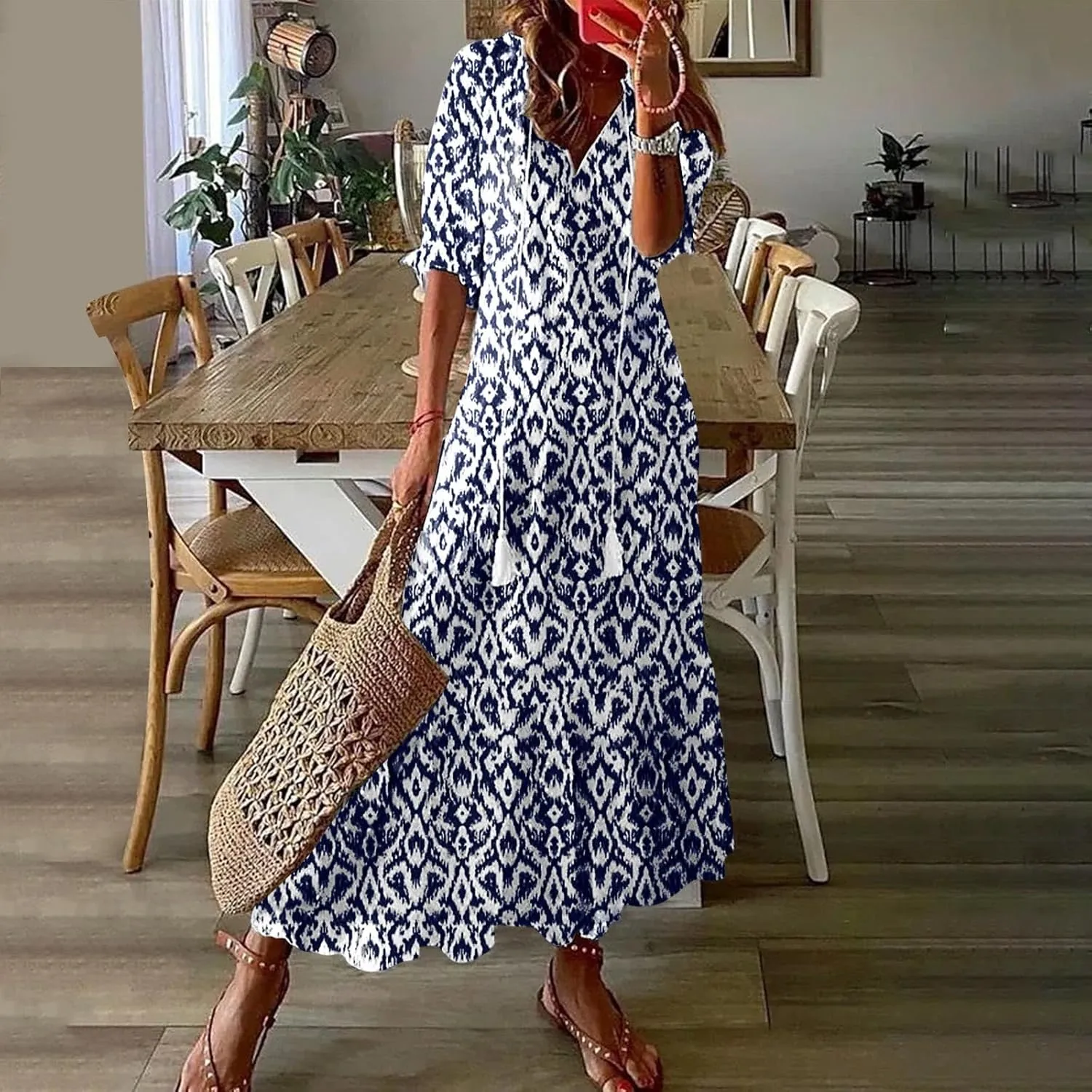 Summer Dresses for Women 2025 V Neck Bohemian Maxi Dress Short Sleeve Boho Dresses Casual Flowy Beach Dress