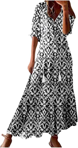 Summer Dresses for Women 2025 V Neck Bohemian Maxi Dress Short Sleeve Boho Dresses Casual Flowy Beach Dress