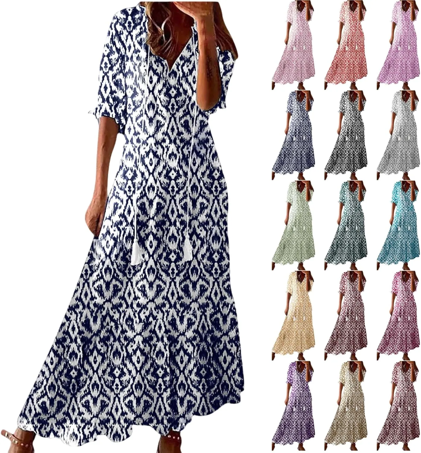 Summer Dresses for Women 2025 V Neck Bohemian Maxi Dress Short Sleeve Boho Dresses Casual Flowy Beach Dress