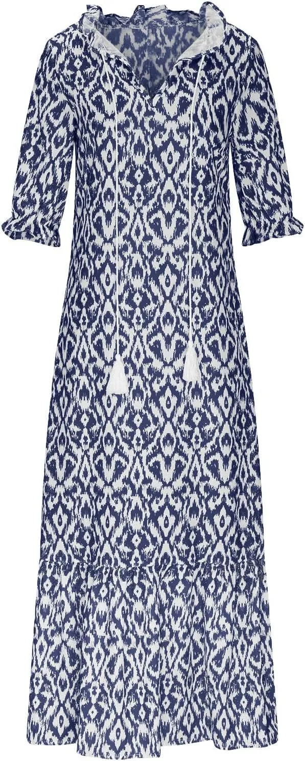 Summer Dresses for Women 2025 V Neck Bohemian Maxi Dress Short Sleeve Boho Dresses Casual Flowy Beach Dress