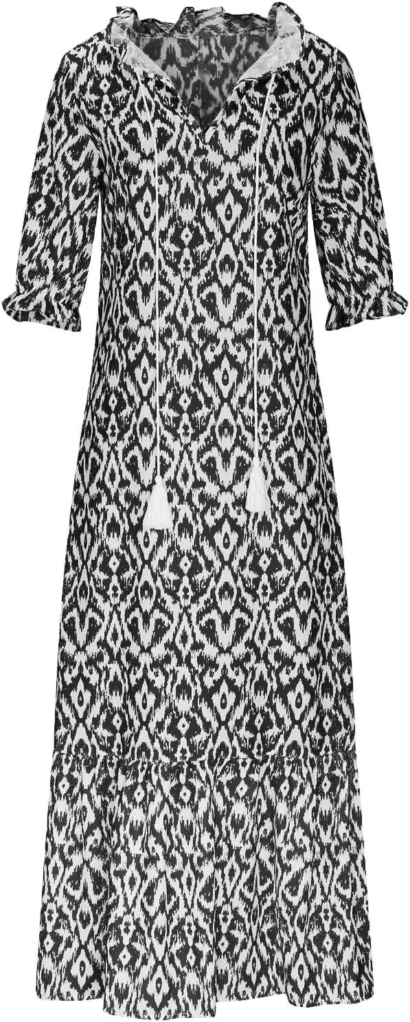 Summer Dresses for Women 2025 V Neck Bohemian Maxi Dress Short Sleeve Boho Dresses Casual Flowy Beach Dress