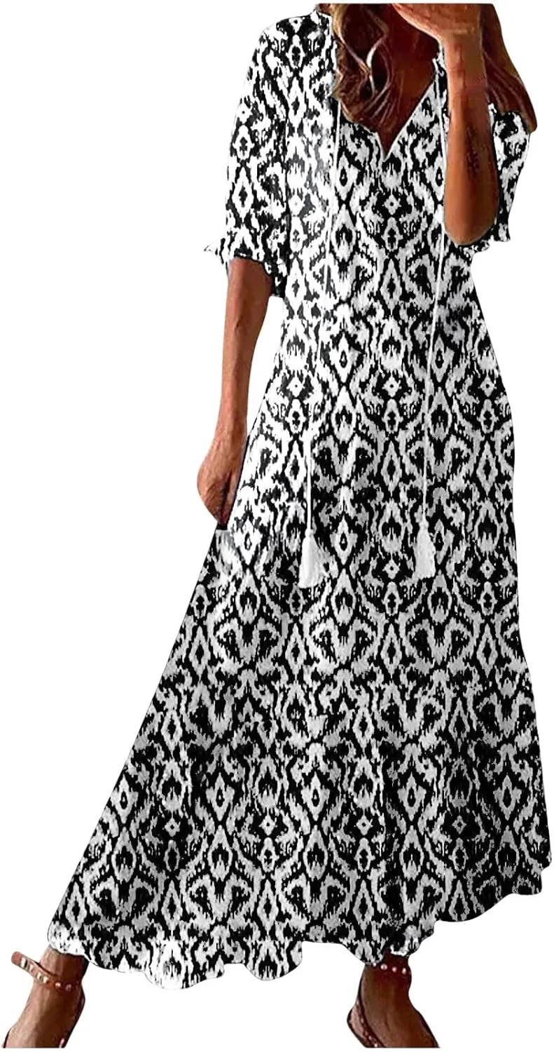 Summer Dresses for Women 2025 V Neck Bohemian Maxi Dress Short Sleeve Boho Dresses Casual Flowy Beach Dress