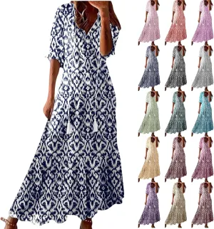 Summer Dresses for Women 2025 V Neck Bohemian Maxi Dress Short Sleeve Boho Dresses Casual Flowy Beach Dress