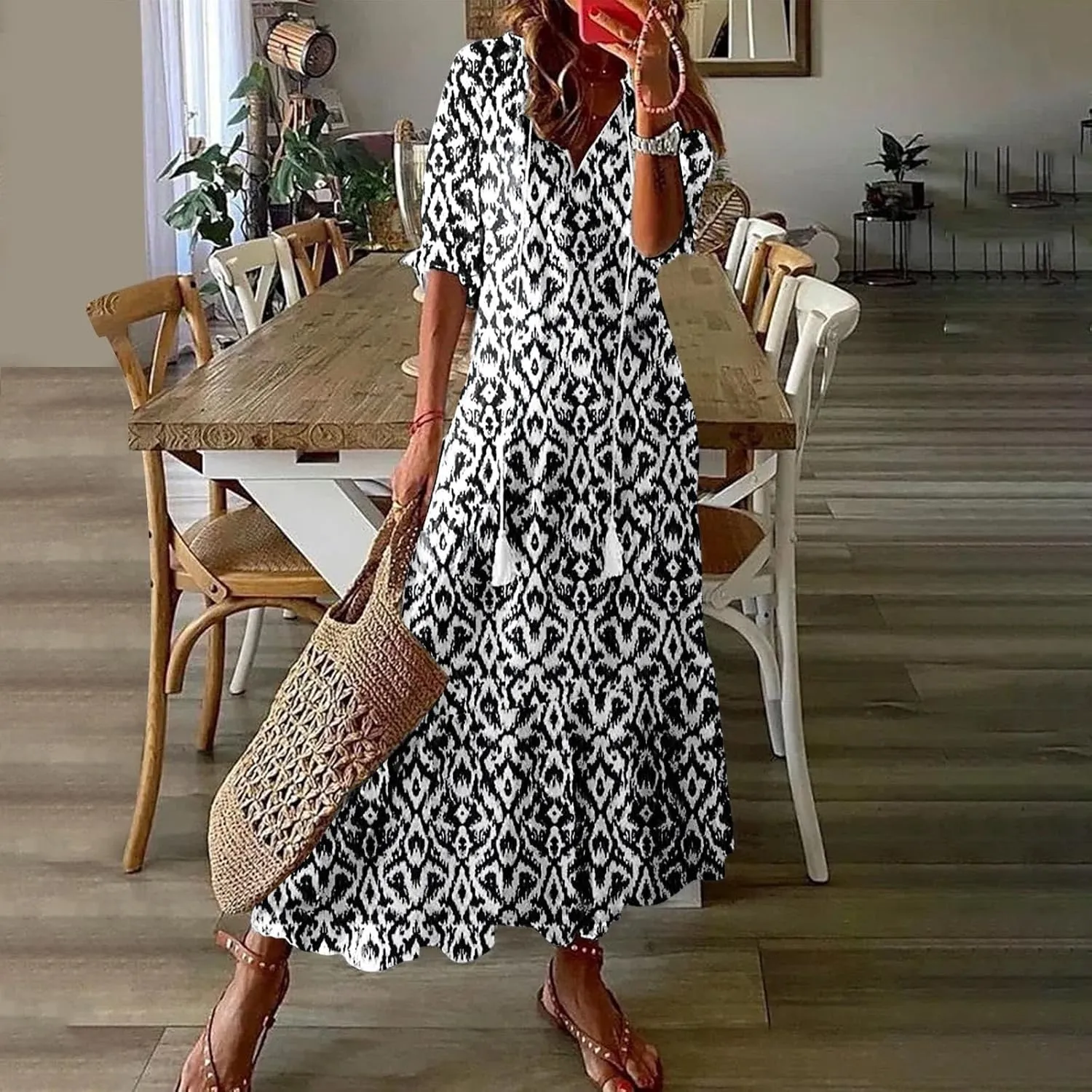 Summer Dresses for Women 2025 V Neck Bohemian Maxi Dress Short Sleeve Boho Dresses Casual Flowy Beach Dress