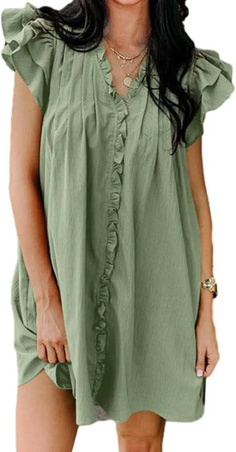Summer Dresses for Women 2025 V Neck Ruffle Cap Sleeve Mini Fashion Loose Fit Dress Casual Beach Vacation Dress