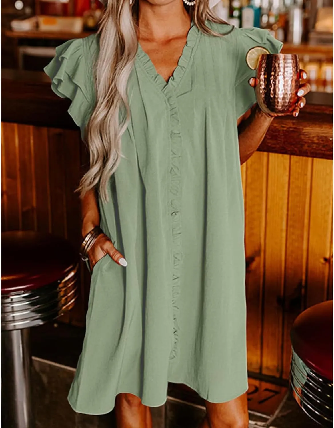 Summer Dresses for Women 2025 V Neck Ruffle Cap Sleeve Mini Fashion Loose Fit Dress Casual Beach Vacation Dress