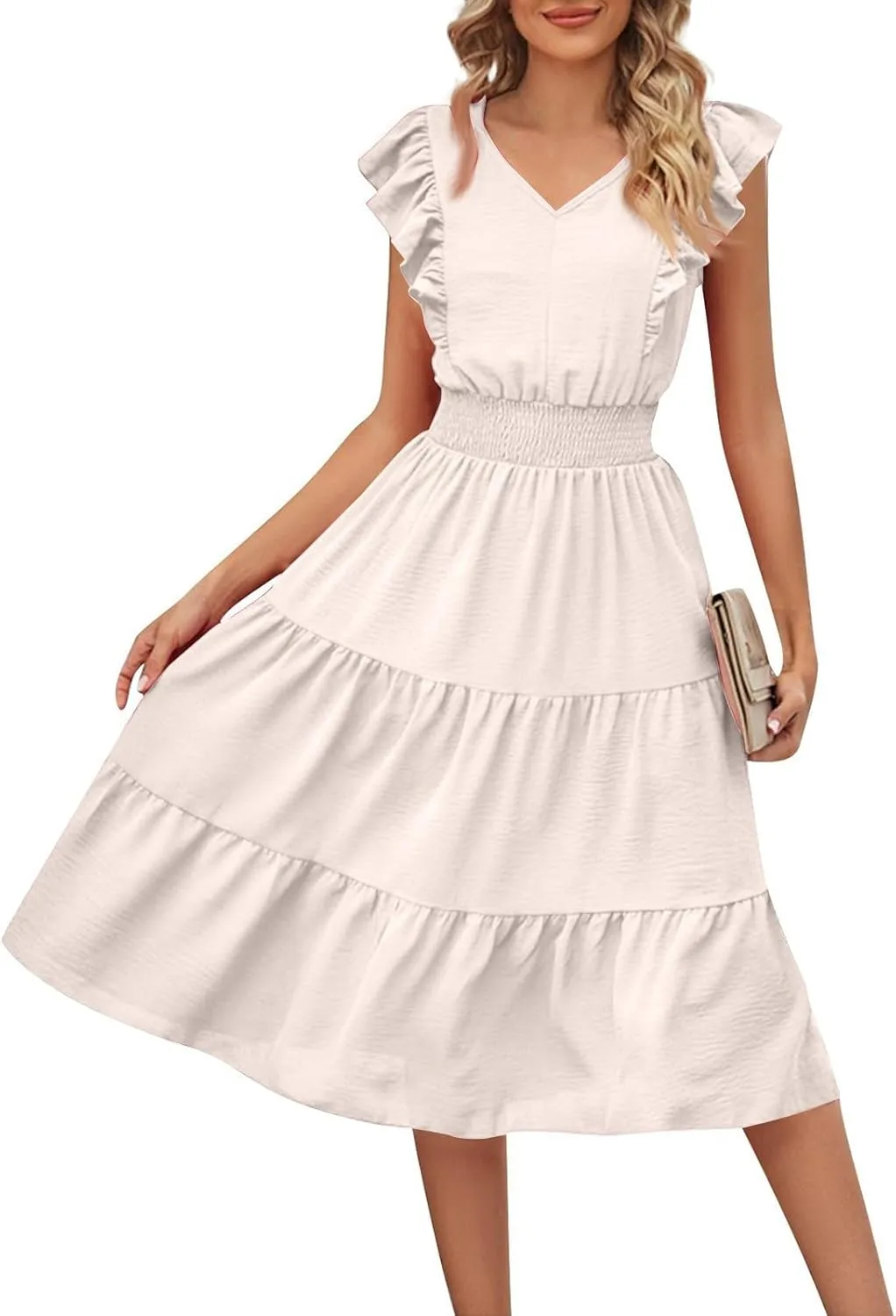 Summer Dresses for Women 2025 V Neck Ruffle Sleeve Empire Waist Midi Dress Smocked Elegant Tiered Flowy A Line Dress