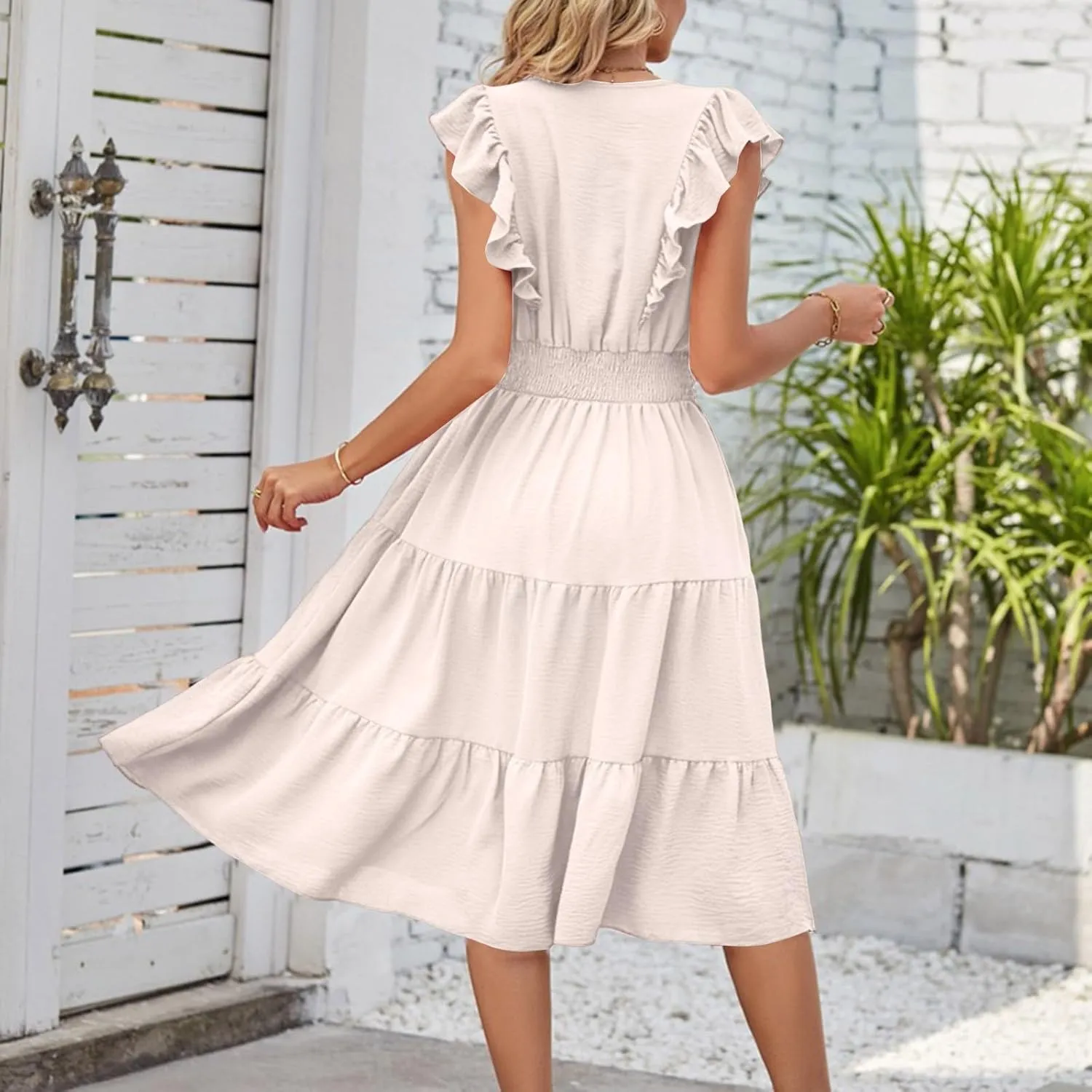 Summer Dresses for Women 2025 V Neck Ruffle Sleeve Empire Waist Midi Dress Smocked Elegant Tiered Flowy A Line Dress