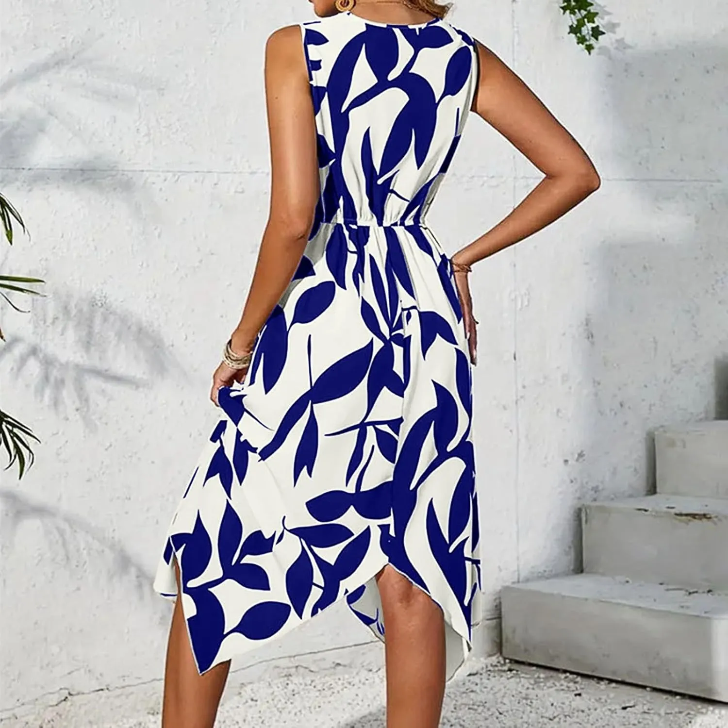 Summer Dresses for Women Printed Handkerchief Hem Midi Dresses Casual Flowy V Neck Tshirt Dress A Line Tank Dress
