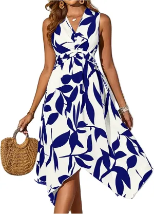 Summer Dresses for Women Printed Handkerchief Hem Midi Dresses Casual Flowy V Neck Tshirt Dress A Line Tank Dress