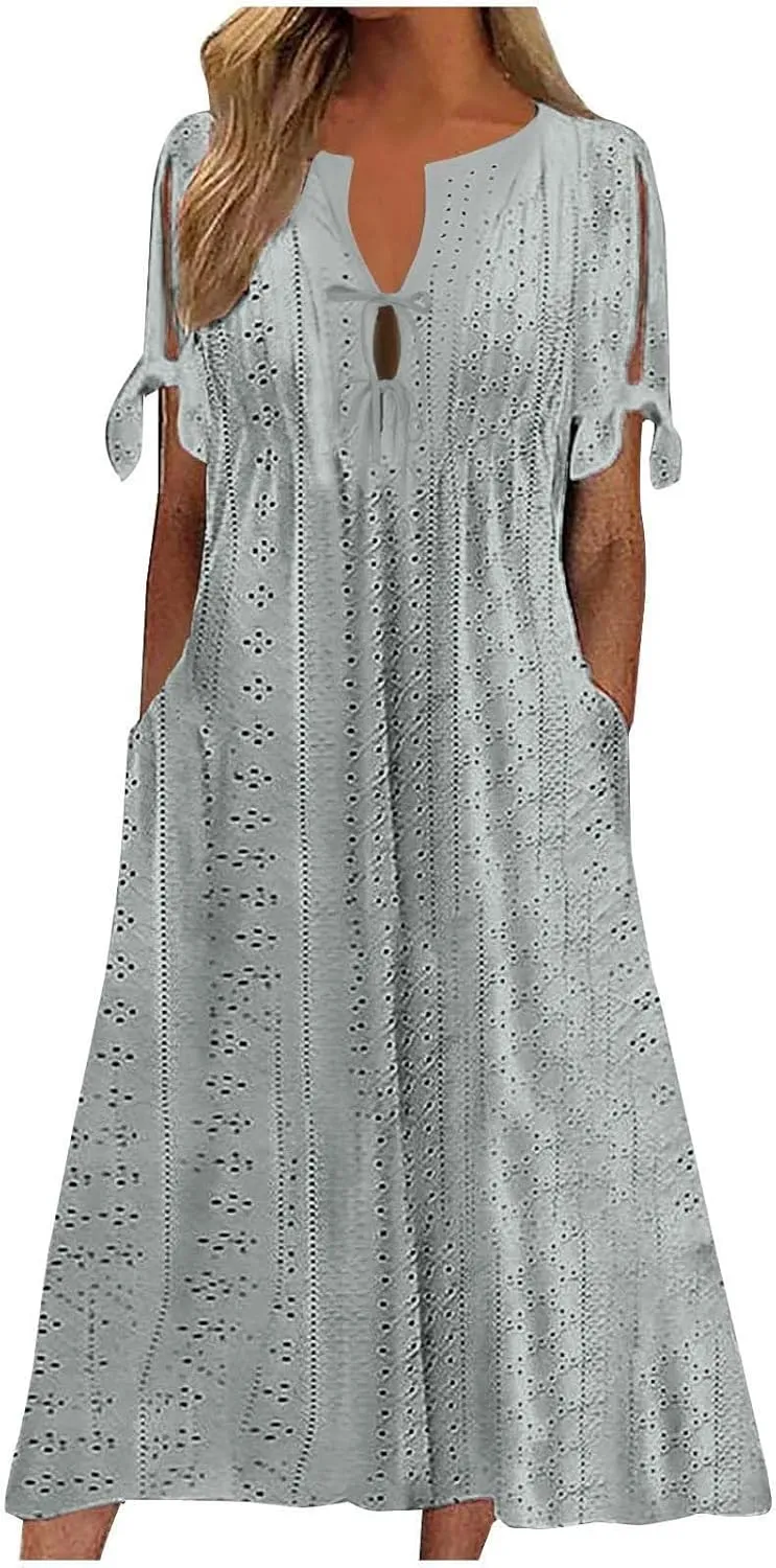 Summer Dresses for Women Short Sleeve Boho Travel Dresses Beach Wear Party Maxi Solid Color Vacation Dress 2025