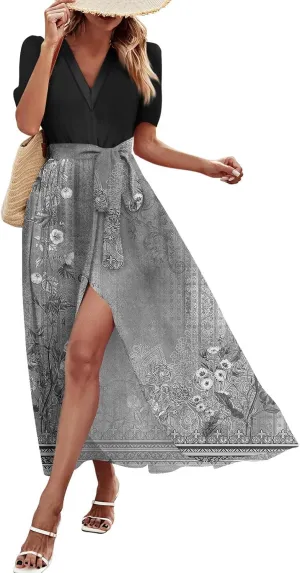 Summer Dresses for Women Short Sleeve Flowy Dress V Neck Elegant Maxi Dress with Belt Split Long Dresses
