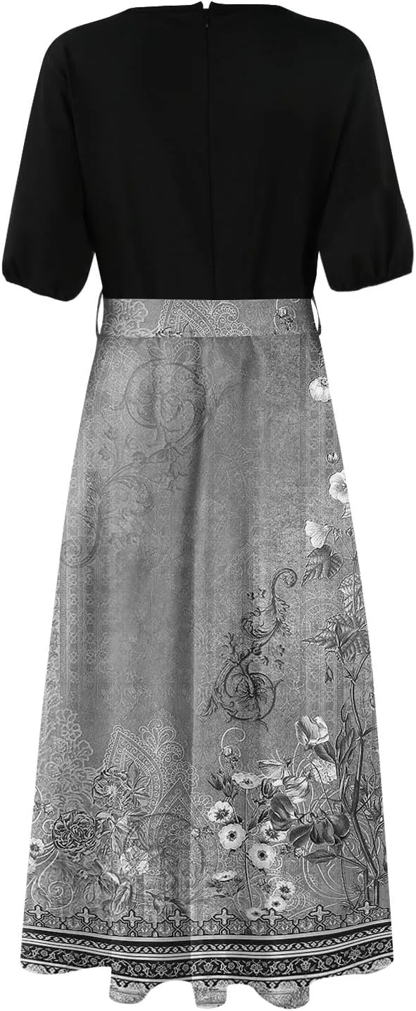 Summer Dresses for Women Short Sleeve Flowy Dress V Neck Elegant Maxi Dress with Belt Split Long Dresses