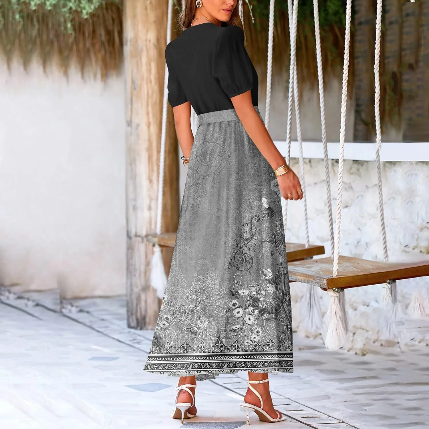 Summer Dresses for Women Short Sleeve Flowy Dress V Neck Elegant Maxi Dress with Belt Split Long Dresses