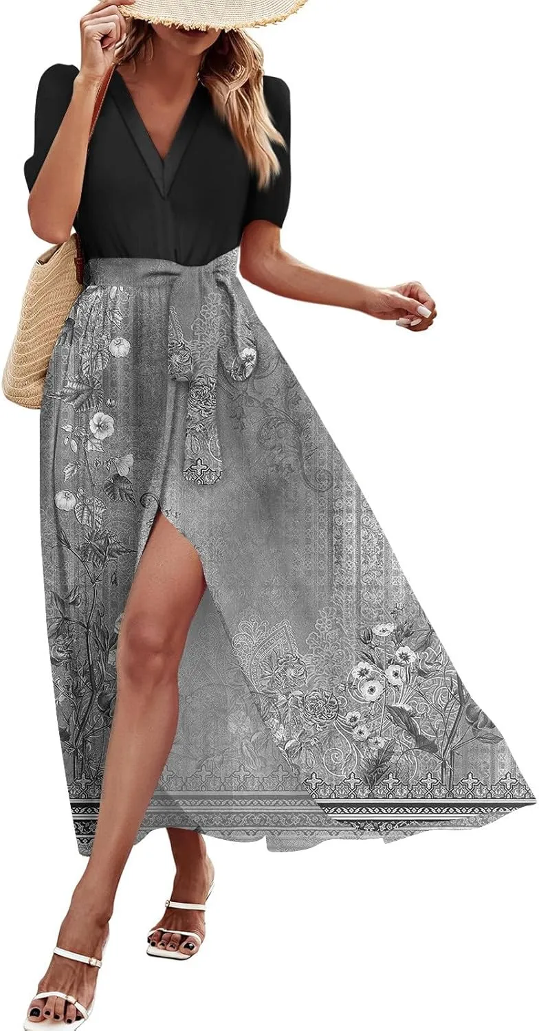 Summer Dresses for Women Short Sleeve Flowy Dress V Neck Elegant Maxi Dress with Belt Split Long Dresses