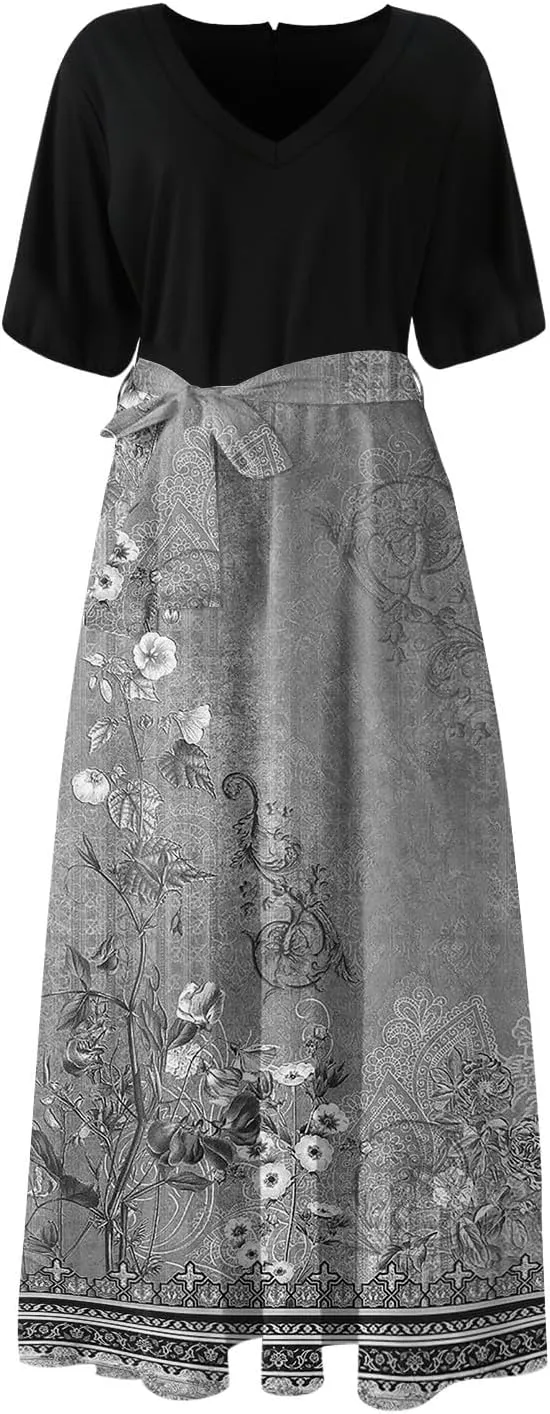 Summer Dresses for Women Short Sleeve Flowy Dress V Neck Elegant Maxi Dress with Belt Split Long Dresses